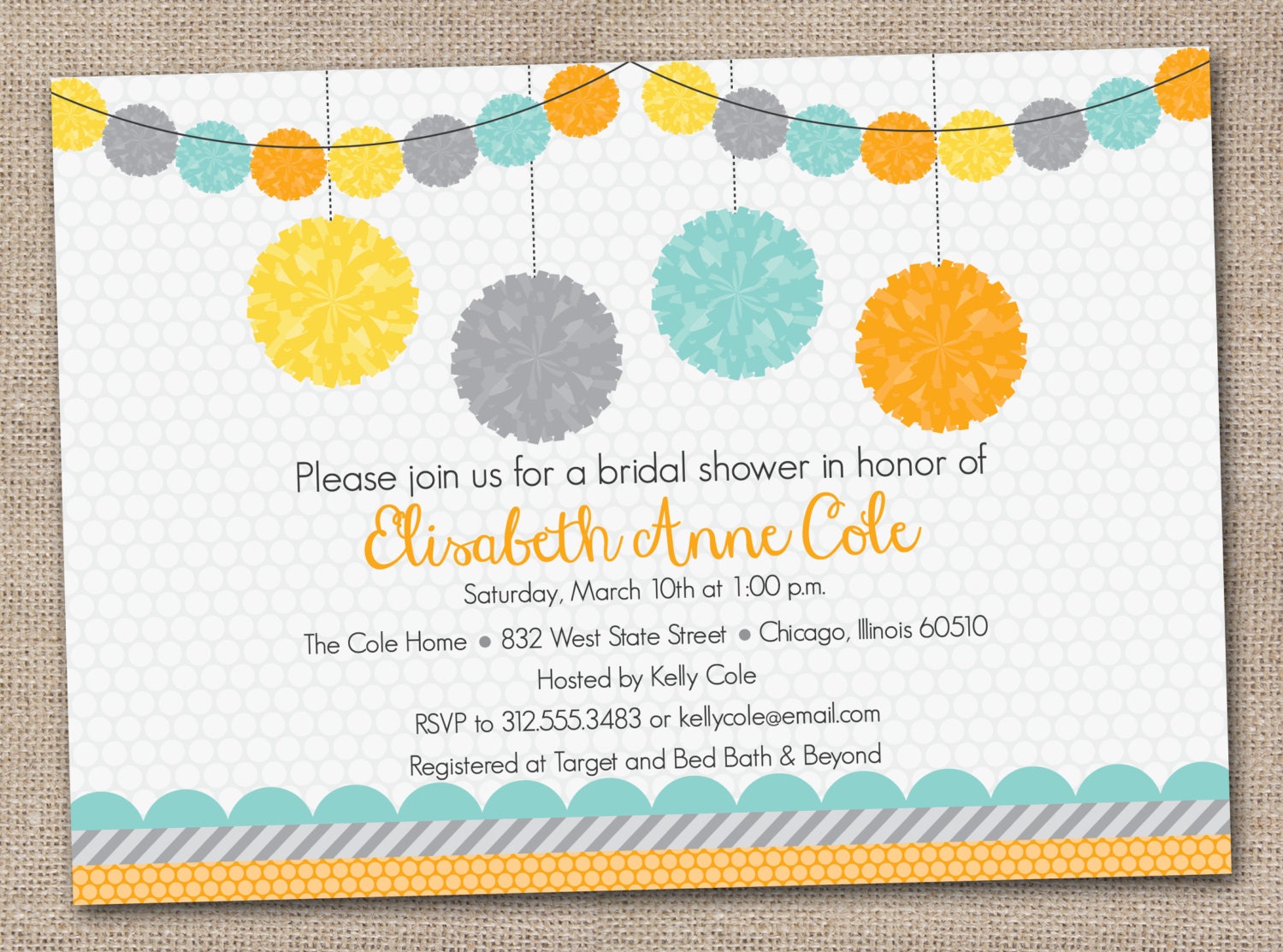 Printable Bridal Shower Invitations Orange Yellow Blue & Gray Pom Pom Digital Design
