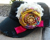 Fancy Pants Black Military Distressed Cadet Hat with Cream Mustard Blue and Pink Flowers