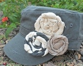 Tranquility Dark Grey Military Distressed Cadet Hat with Flowers
