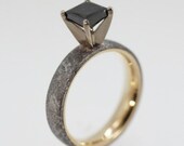 Engagement Ring - Yellow Gold Princess Cut Black Diamond Meteorite