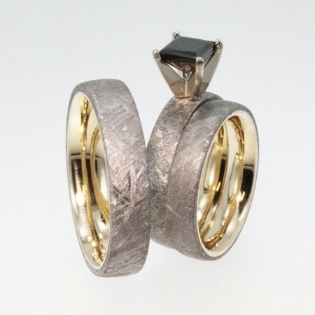 Meteorite Rings - 14K Yellow Gold set with a Black Diamond