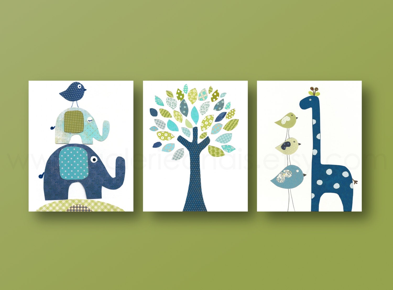 Nursery art prints, baby nursery decor, nursery art, Bird, elephant, tree, giraffe, blue green, navy, Set of 3, 8x10 prints from Paris