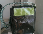 mini messenger in deep olive and lime patent leather