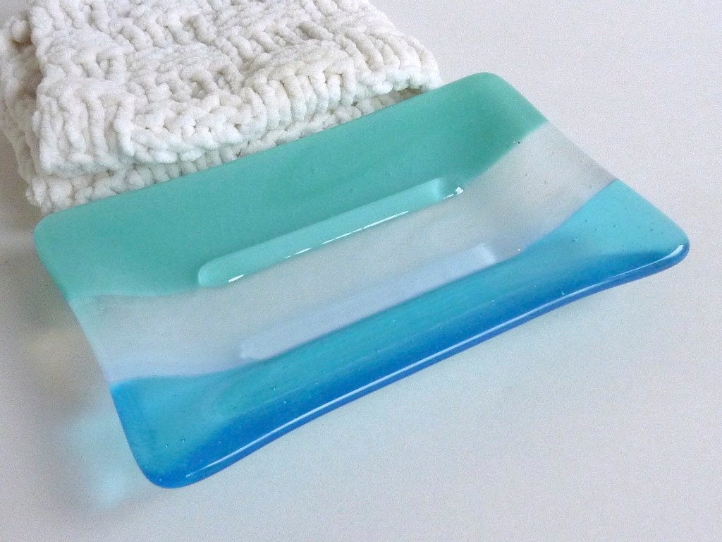 Large Glass Soap Dish in Turquoise and White