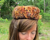 Vintage Hat - Brown Wool - Gold / Black Feather Front & Netting Cover