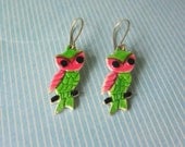 Vintage Earrings - NEON Owls - Lime & Pink