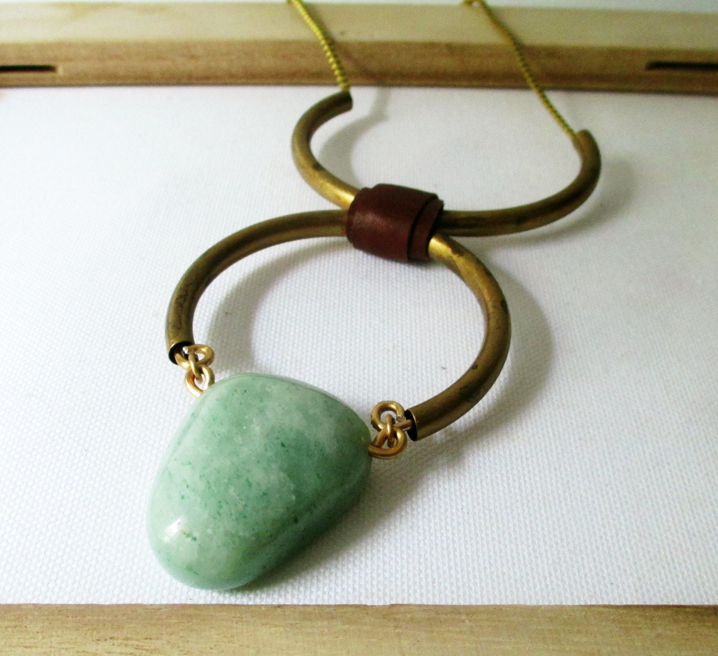 Chunky Stone Bohemian Statement Necklace. Green Aventurine & Vintage Brass