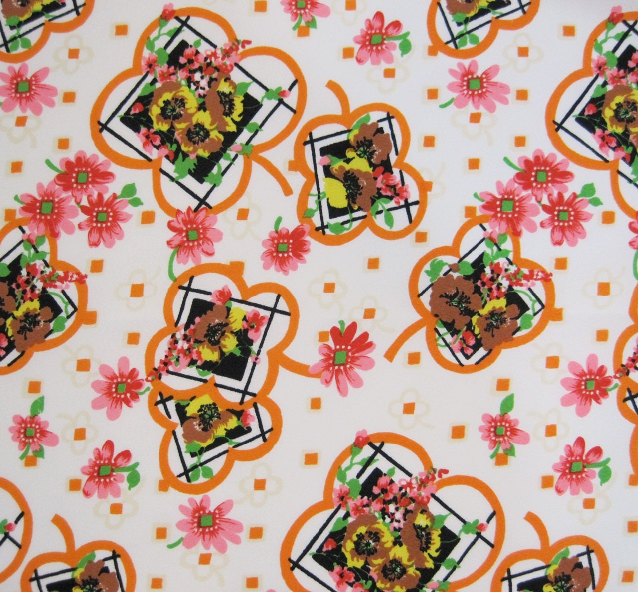 70s Fabric Vintage Polyester Crepe Floral Squares Screen Print over 3 Yards