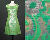 60s Dress Vintage Green Gold  Brocade Cocktail Party M