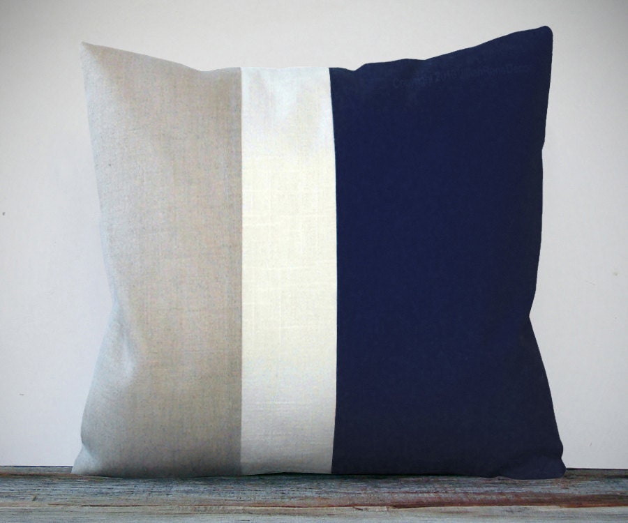 Color Block Pillow (20x20) Navy, Cream and Natural Linen by JillianReneDecor Modern Home Decor Colorblock Striped Trio Nautical