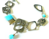 Abstract bracelet,  asymmetrical silver and aqua blue geometric bracelet, Funky modern jewelry