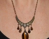Gypsy statement necklace, Tigers eye crescent brass necklace pendant, Bohemian ethnic vintage inspired jewelry