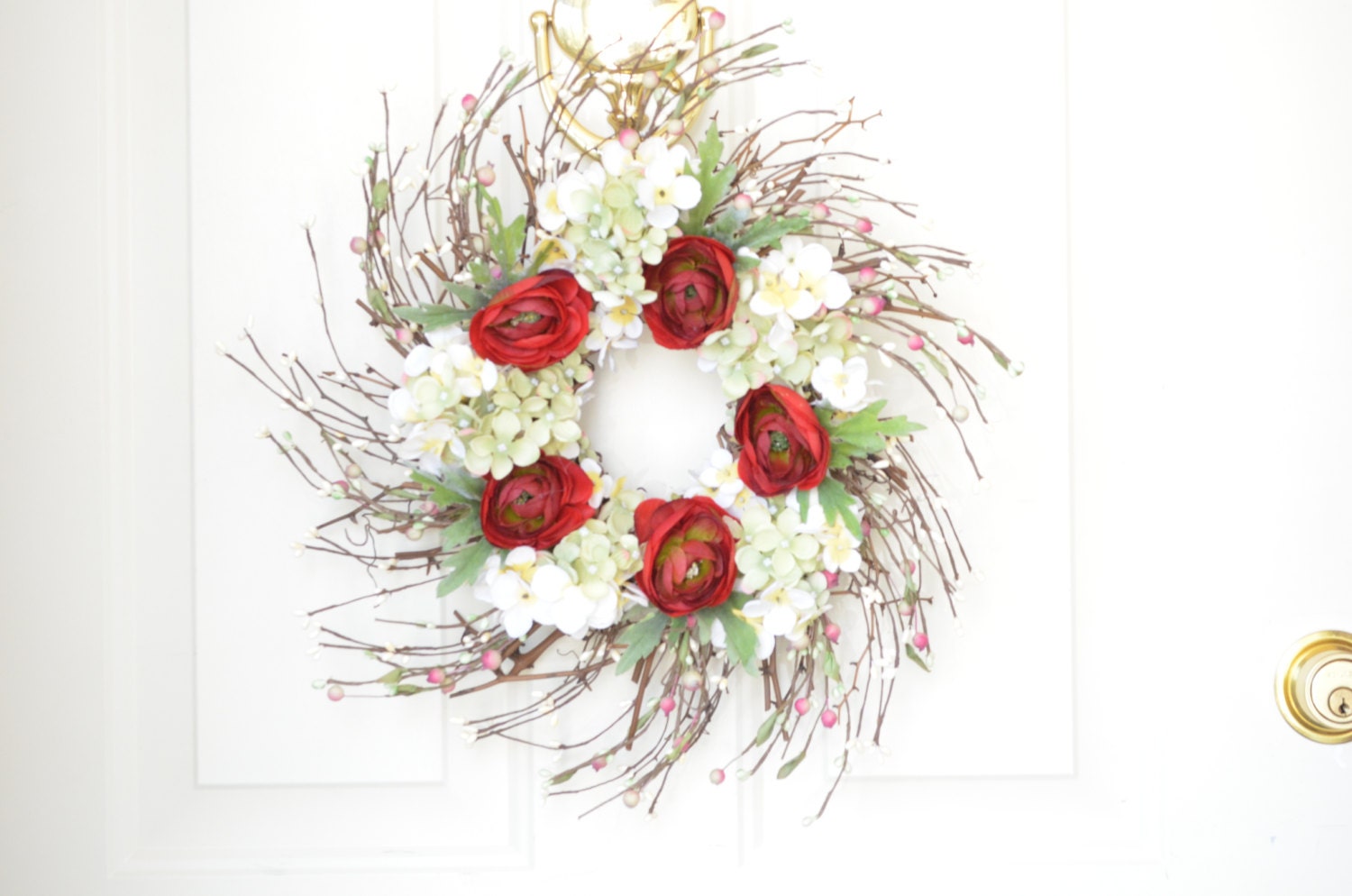 Red and Cream Silk Floral Wreath - Summer Decoration - Front door decor