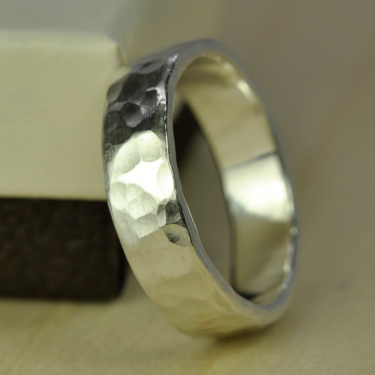 Recycled Silver Ring, Wide Chunky Mens Afffordable Wedding Band option, Hammered Matte, 5-6mm Pure Silver Eco Friendly, Sea Babe Jewelry