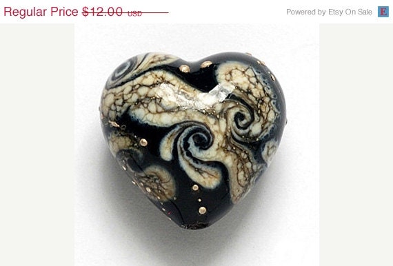 ON SALE 30% OFF Black w/Silver Ivory Heart Focal Bead - Handmade Glass Lampwork Bead -11810105