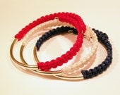 Set of three nautical silver bar rope bracelets on adjustable memory wire in red, white and navy blue