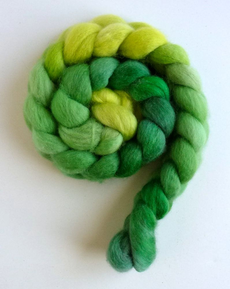 BFL Wool Roving - Hand Painted Spinning or Felting Fiber, 4 ounces, Green Analogy