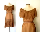 70s Silk Dress // Chiffon Ruffled Dress // CARAMEL DREAM