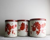 Antique Hand Painted Red Tole Tin Canisters - Vintage Toile