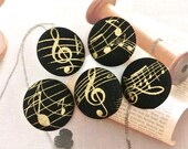 Handmade Fabric Buttons - Large Classic Black Gold Muscial Music Note Fabric Covered Buttons 1.2 Inch 5's