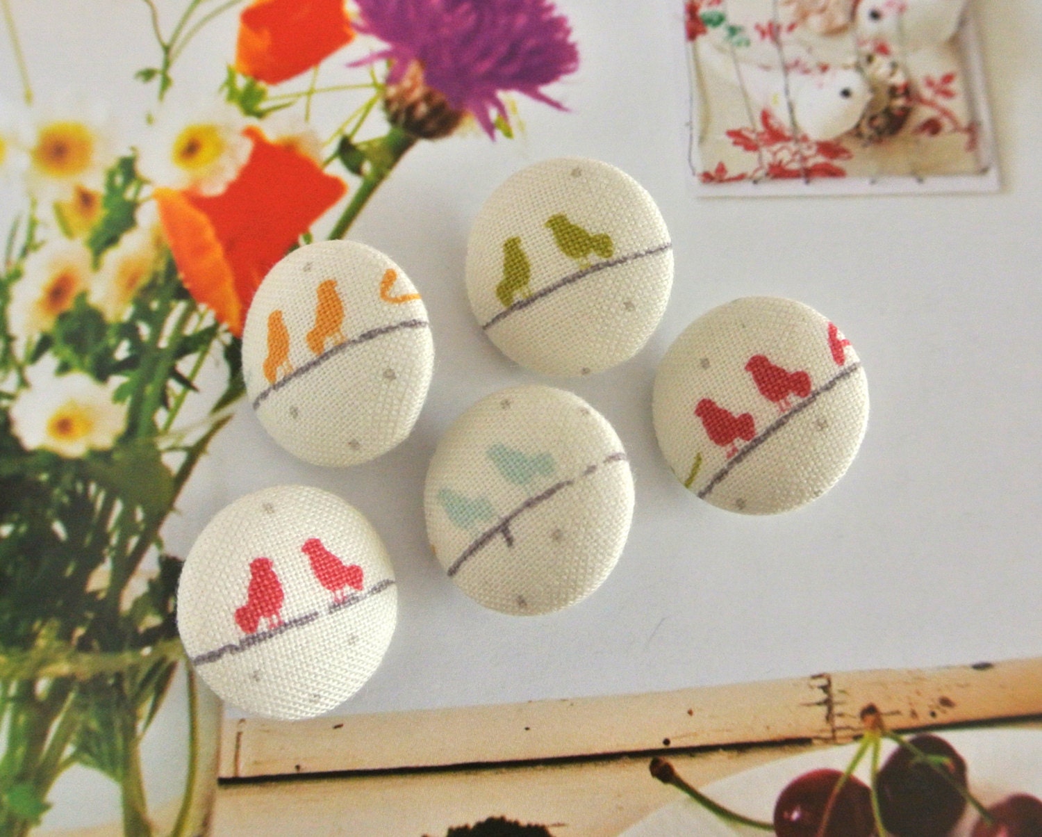 Handmade Fabric Buttons - Small Red Blue Green Birds Noteworthy Sing Out Loud Sweetwater Moda Fabric Covered Buttons 0.75 Inch 5's