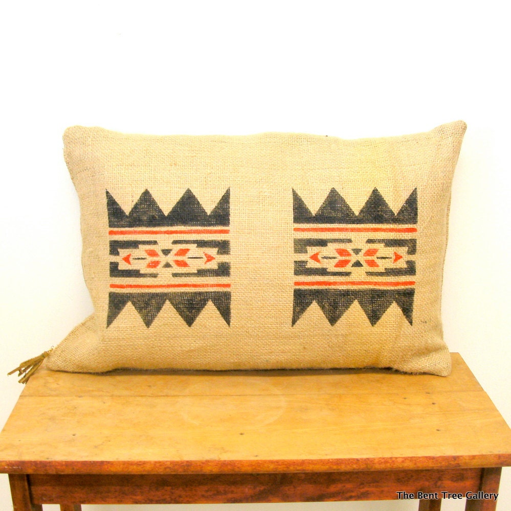 Burlap Pillow with Native American Stencil in Black and Red