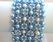 Rivoli Beadwoven Blue Pearl Cuff  Bracelet Unique  Beaded Beadwork Beadweaving Jewelry Ocean Blue