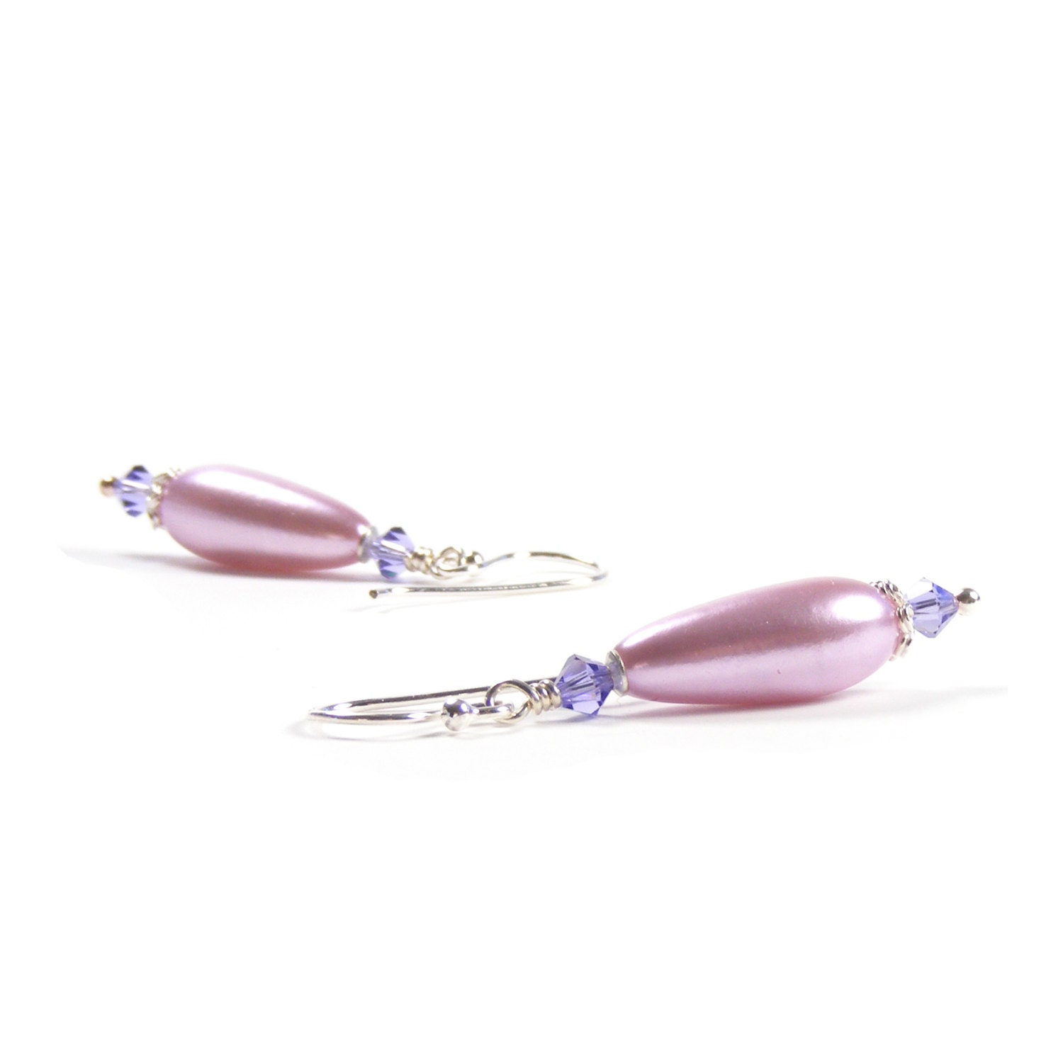 Lilac Pearl Earrings, Handmade Sterling Silver, Glass Pearls & Swarovski Crystals Earrings, African Violet Lavender Pearl Teardrop Earrings