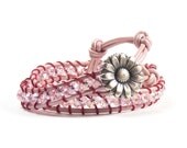 Pink Leather Wrap Bracelet, Crystal Chan Luu Style Double Wrap Bracelet, Pearly Pink with a Daisy Button, Boho Jewellery