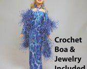 OOAK Blue Animal Print Barbie Evening Dress with matching Shrug, Boa, Capelet,  and Jewelry