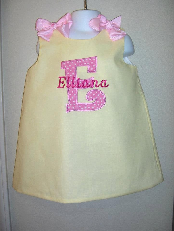 Custom made boutique appliqued monogrammed embroidered   letter a line dress jumper or jon jon shortalls