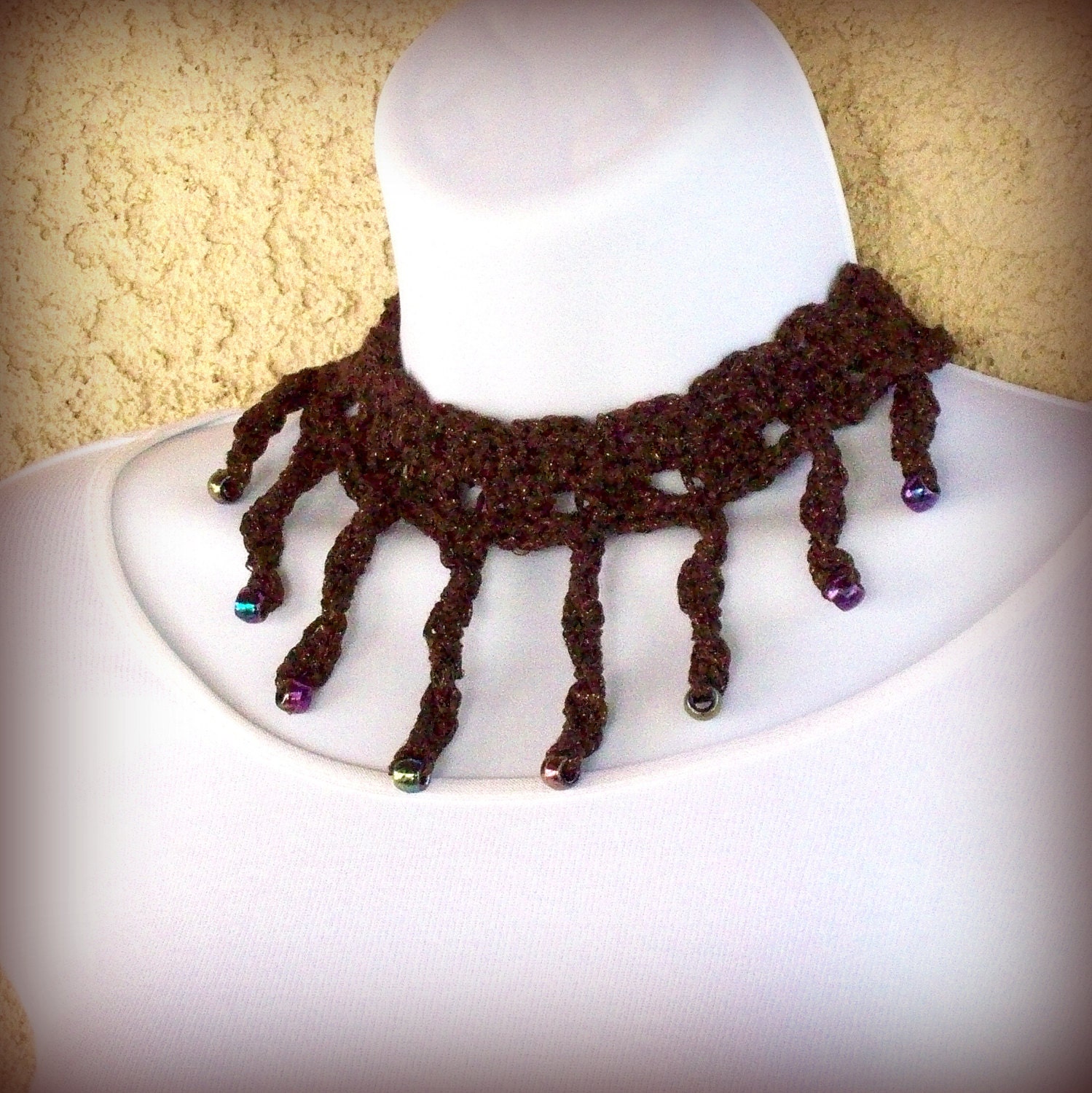 Steampunk Choker Octopod, crocheted in brown glitter with shiny beads