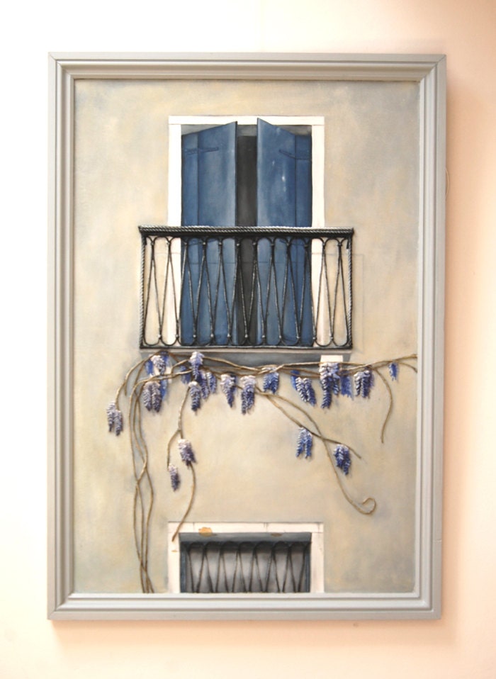French Balcony Painting with Wisteria - String Art Mixed Media Original in Blue, Gray & Lilac