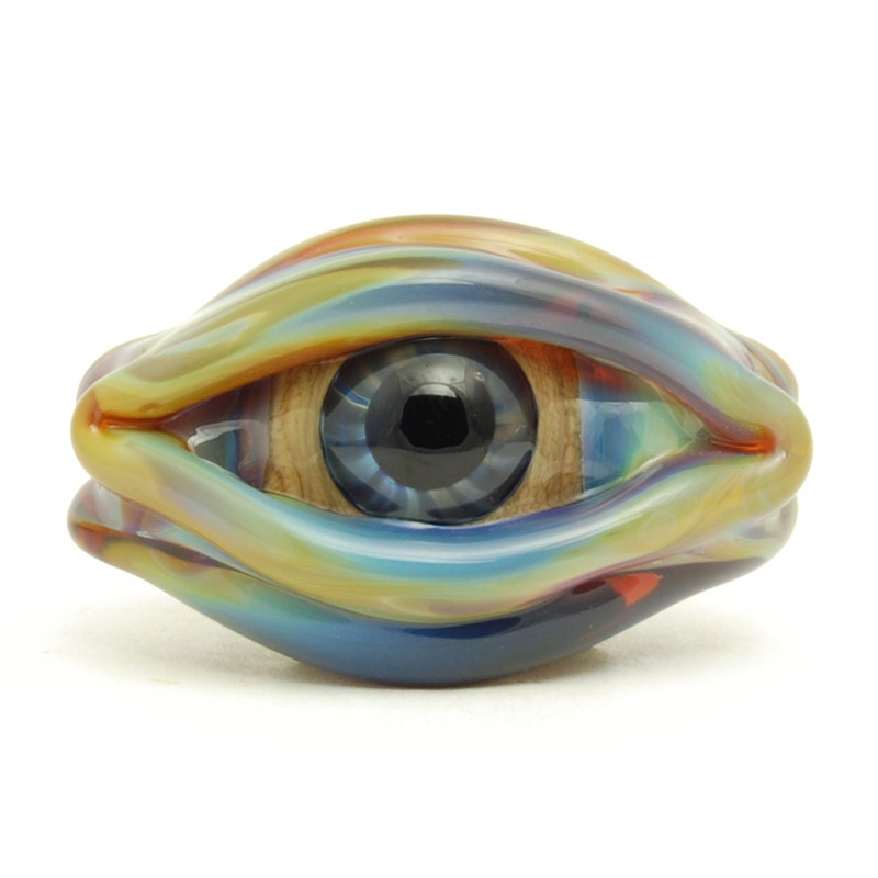 Blue Green Brown Evil Eye 3 Sided Handmade Lampwork Glass Bead, Jewelry Supplies, Craft Supplies, OOAK, SRA