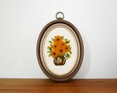 vintage 70s Sunflowers Flowers in Vase Crewel Embroidery Oval Wall Hanging
