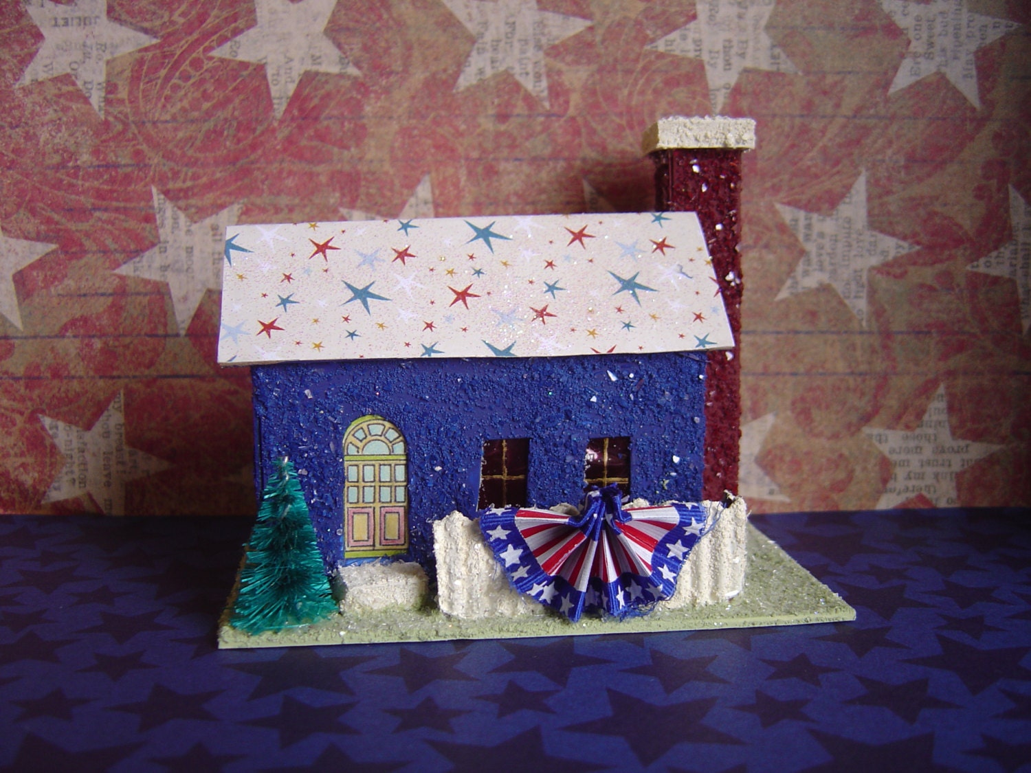 Patriotic paper village putz style Cape Cod house