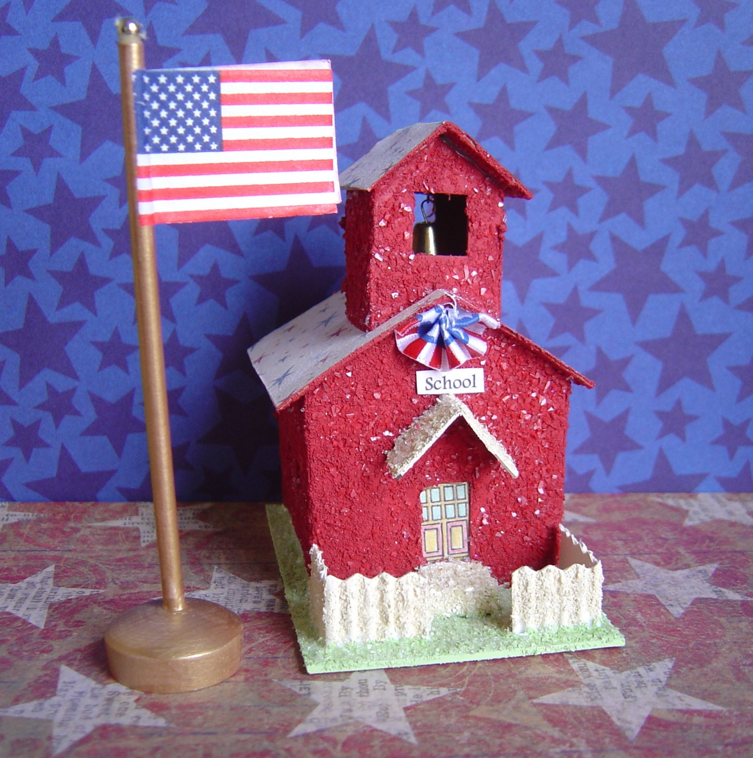 Patriotic Paper putz style village school house and flag pole