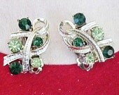 Sparkling Peridot & Deep Emerald Green Rhinestone Silver Tone Clip Back Earrings