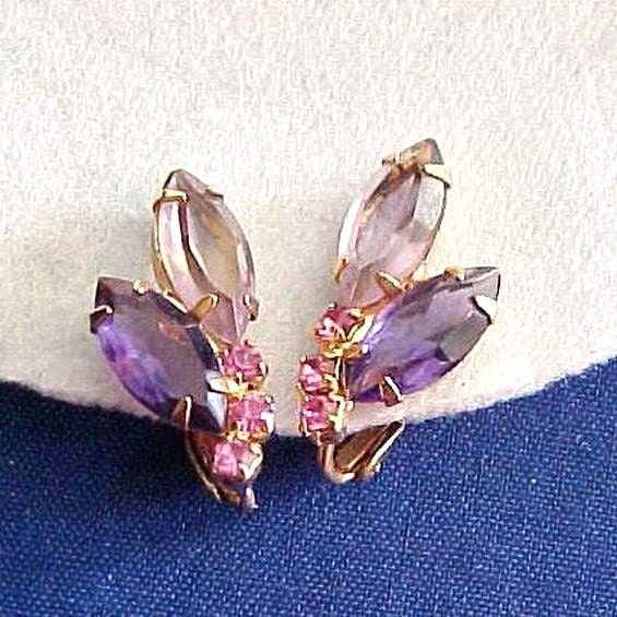 Beautiful Purple Amethyst Lavender and Pink Rhinestone Earrings Clip Back