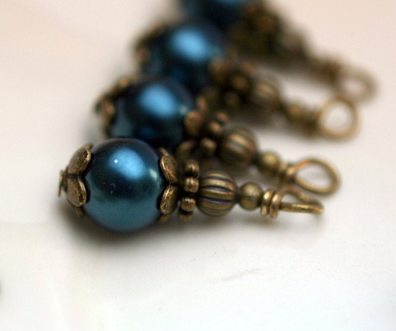 Vintage Style Bead Dangle Charm Drop Set in Teal Blue Pearl and Antique Brass