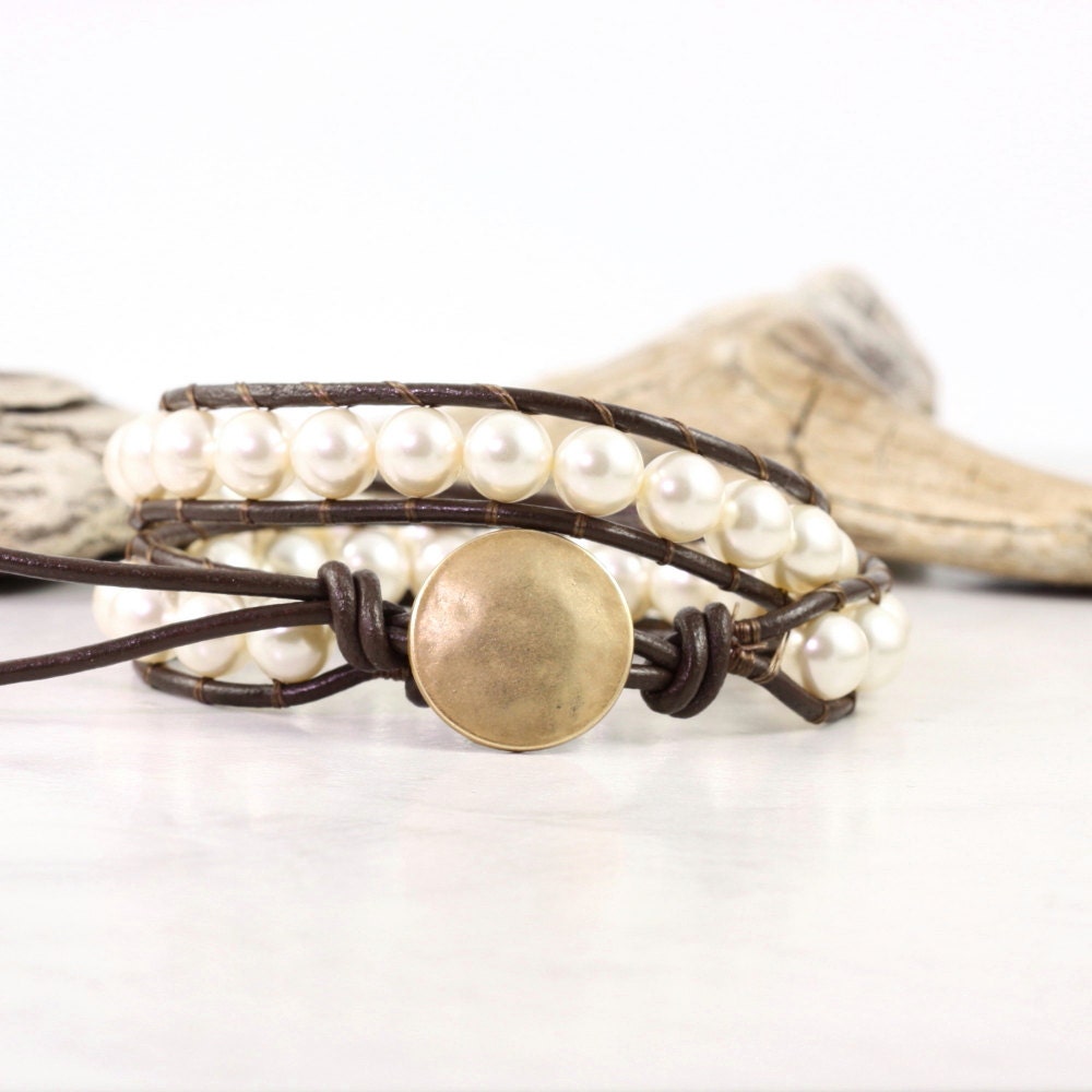Brown Leather Wrap Bracelet Ivory Cream Pearl Fashion Bohemian Hippie Style Double Wrap Off White Beige Mothers Day for Summer