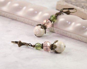 Woodland Earrings Coral Pink Mint Green Boho Jewelry Rustic Riverstone Chartreuse Fall Fashion