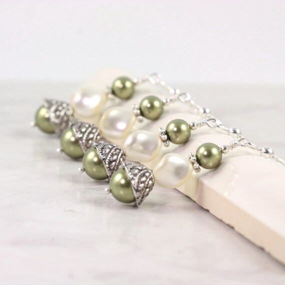 Cream Pearl Wedding Earrings Moss Green Sage Bridal Sterling Ear Wires