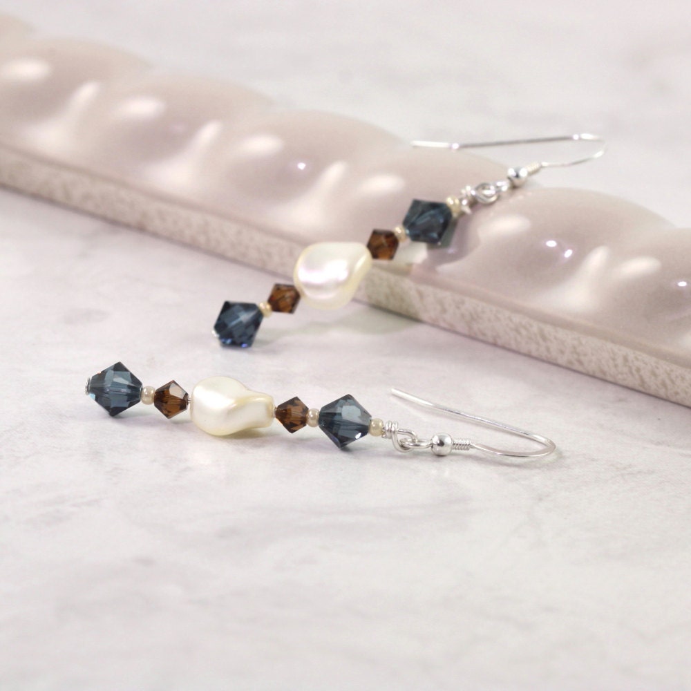 Multi Strand Pearl Necklace Blue Crystal Earthy Bronze