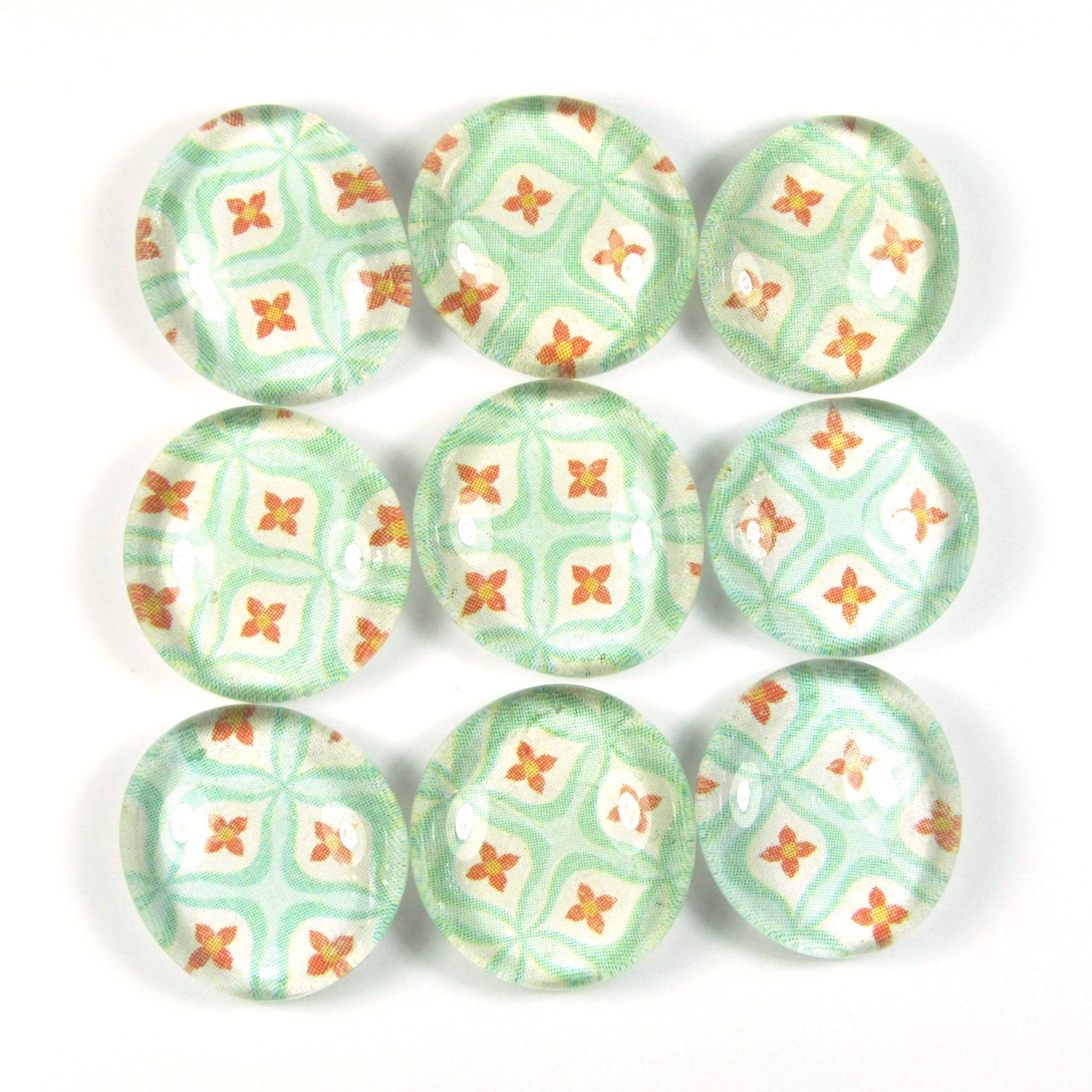 Glass Marble Magnets or Push Pins Set - Red Teal Marquise Diamond