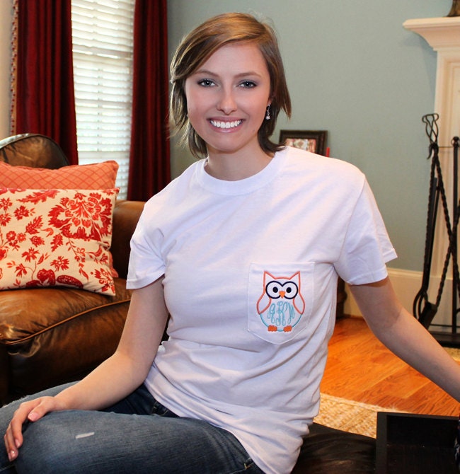 Monogram Owl Pocket Tshirt Short Sleeve Tshirt with Personalized Pocket Monogram