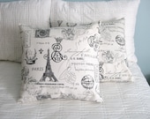 Black and Off White French Script Pillow Covers 16x16 Set of 2