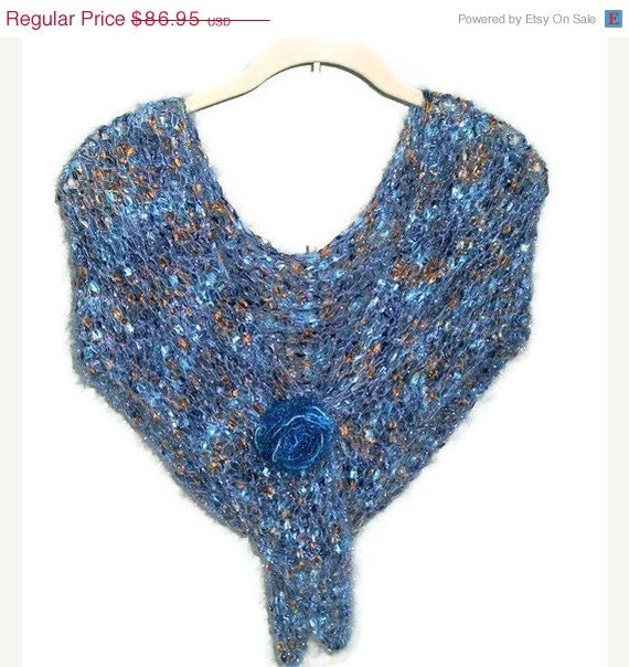 Hand Knit Shawl - OOAK Blue, Gold and Tan - Designer Collection - Spring and Summer Fashion Accessory - Ready to Ship