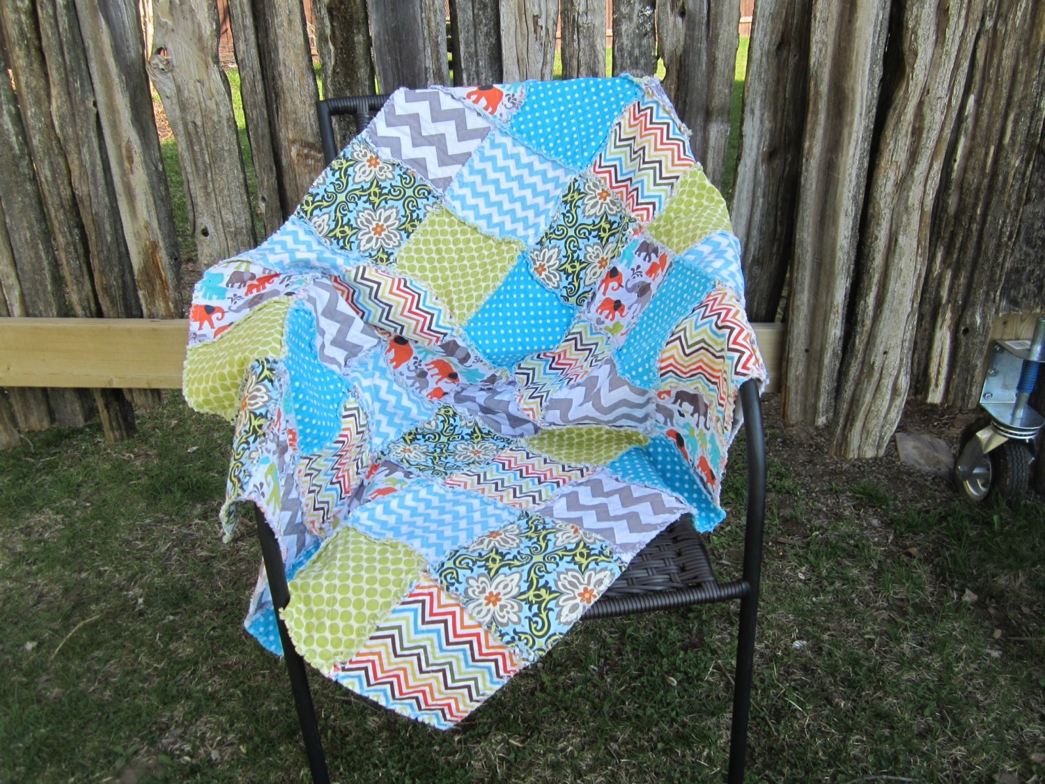 Chevron & Elephants Baby Crib Size Rag Quilt ready to ship