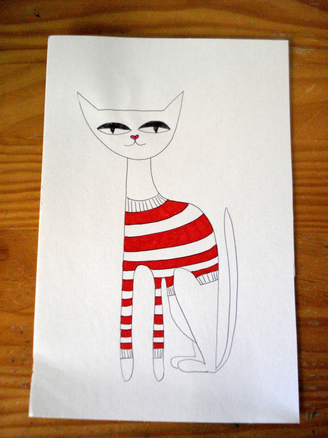 Black cat with striped sweater. illustration, drawing, kitten - Original - Free shipping